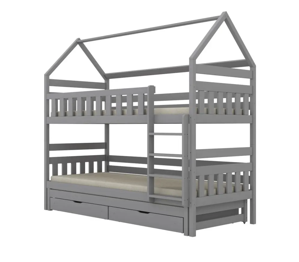 Solidne łóżko piętrowe domek FELIKS 180x80 szare drewniane z szufladami I sklep meblowy MIRAT.  kolekcja FELIKS