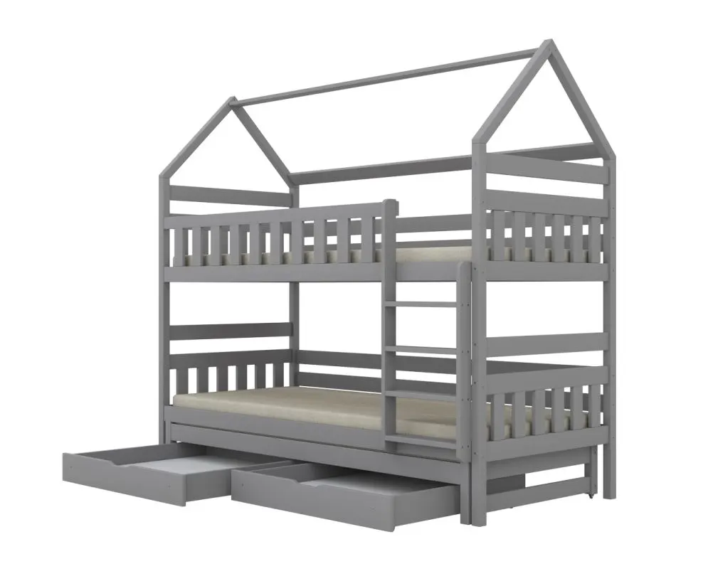 Łóżko piętrowe domek FELIKS 180x90 szare drewniane dla 3-dzieci I sklep meblowy MIRAT. kolekcja FELIKS