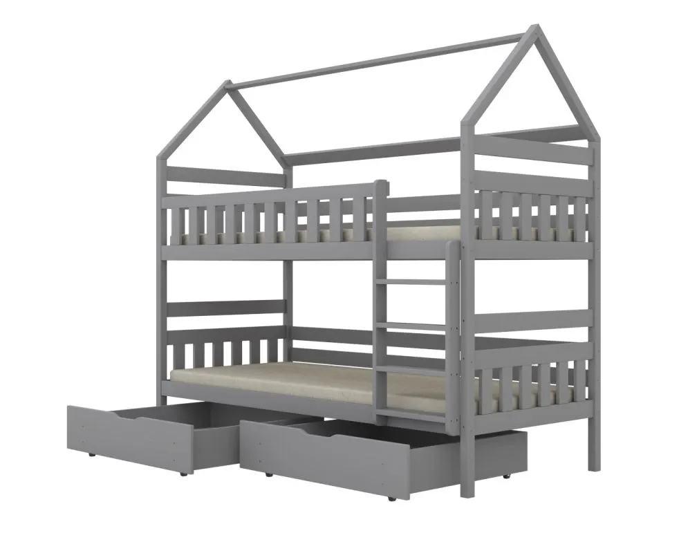 Łóżko piętrowe domek FELIKS 200x90 szare drewniane z szufladami I sklep meblowy MIRAT.  kolekcja FELIKS