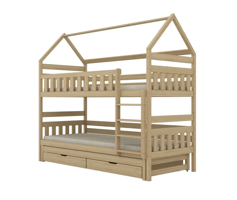 Lakierowane łóżko piętrowe domek FELIKS 180x80 drewniane trzyosobowe z szufladami I sklep meblowy MIRAT. styl SKANDYNAWSKI kolekcja FELIKS