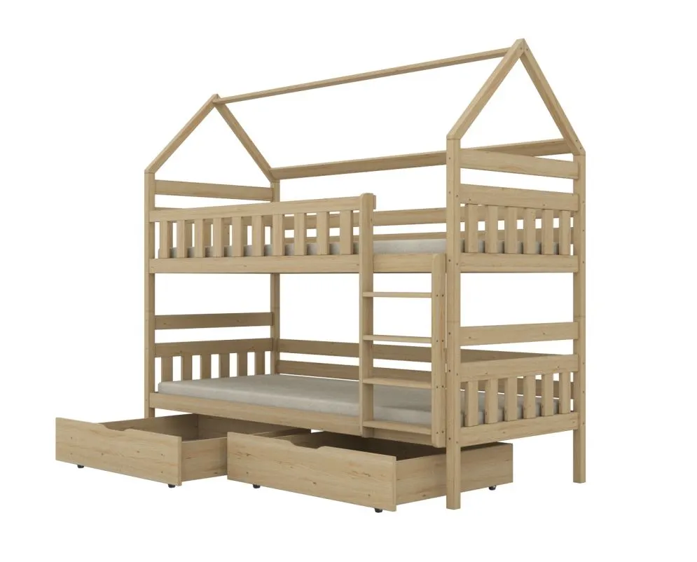 Łóżko piętrowe domek FELIKS 200x90 sosna surowa z szufladami I sklep meblowy MIRAT. styl SKANDYNAWSKI kolekcja FELIKS
