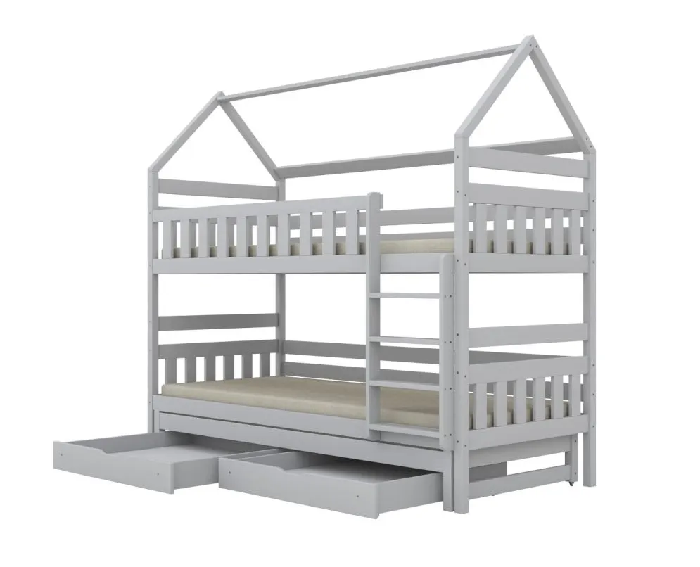 Łóżko piętrowe domek FELIKS 200x80 białe drewniane trzyosobowe z pojemnikami I sklep meblowy MIRAT. styl SKANDYNAWSKI kolekcja FELIKS
