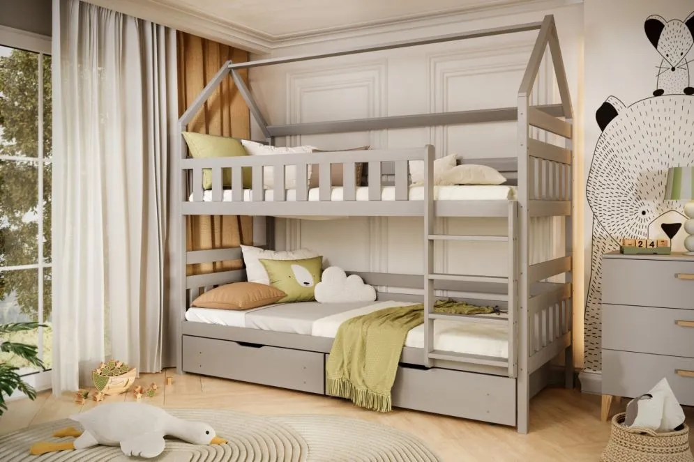 Solidne łóżko piętrowe domek FELIKS 180x80 szare drewniane z szufladami I sklep meblowy MIRAT.  kolekcja FELIKS