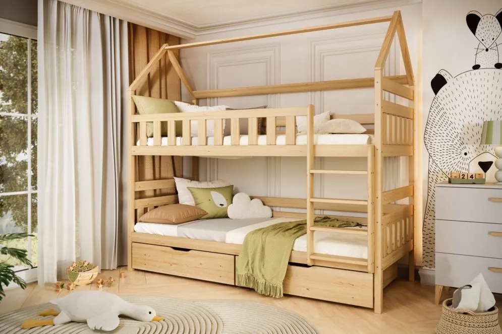 Łóżko piętrowe domek FELIKS 200x90 sosna surowa z szufladami I sklep meblowy MIRAT. styl SKANDYNAWSKI kolekcja FELIKS
