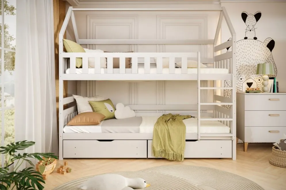 Łóżko piętrowe domek FELIKS 180x90 białe drewniane z pojemnikami I sklep meblowy MIRAT. styl SKANDYNAWSKI kolekcja FELIKS