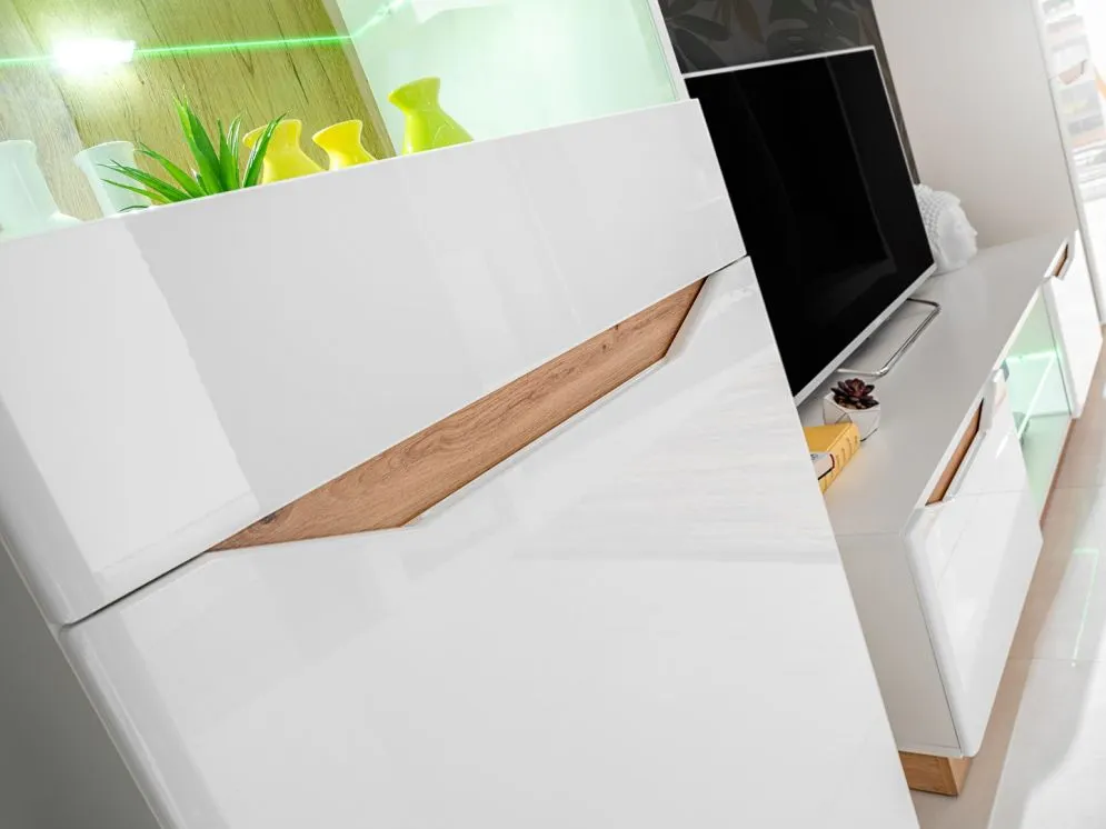 Meblościanka FAME biały połysk/dąb artisan z przeszkleniami | MIRAT. w stylu SKANDYNAWSKI kolekcja