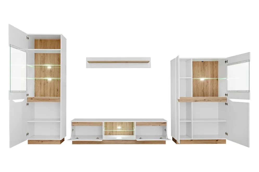Meblościanka FAME biały połysk/dąb artisan z przeszkleniami | MIRAT. w stylu SKANDYNAWSKI kolekcja