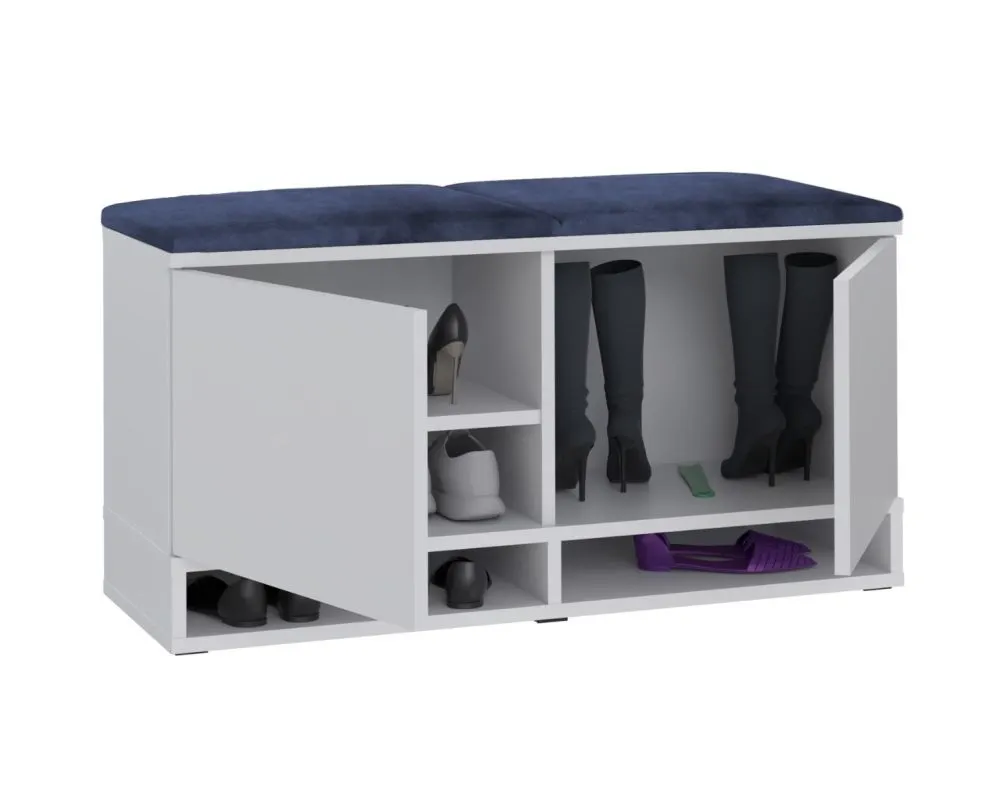 Pojemna szafka na buty z siedziskiem DUBAI biała/granatowa I sklep meblowy MIRAT. styl LOFT, SKANDYNAWSKI