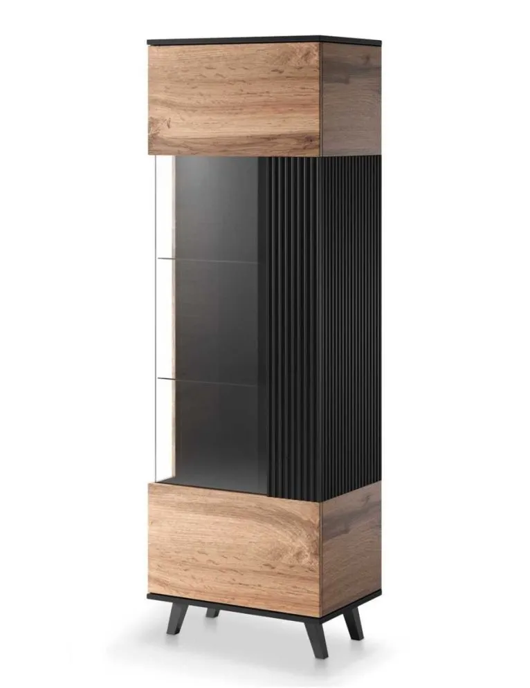 Witryna wysoka RANDOM W-1 dąb/czarna do salonu | MIRAT. styl LOFT, RYFLOWANY kolekcja RANDOM