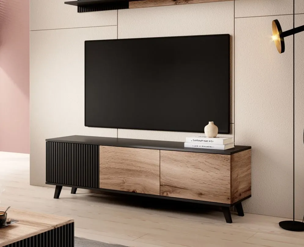 Szafka RTV RANDOM 1 dąb/czarna stojąca w stylu loft | MIRAT. styl LOFT kolekcja RANDOM