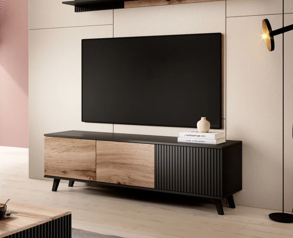 Szafka RTV RANDOM 1 dąb/czarna stojąca w stylu loft | MIRAT. styl LOFT kolekcja RANDOM