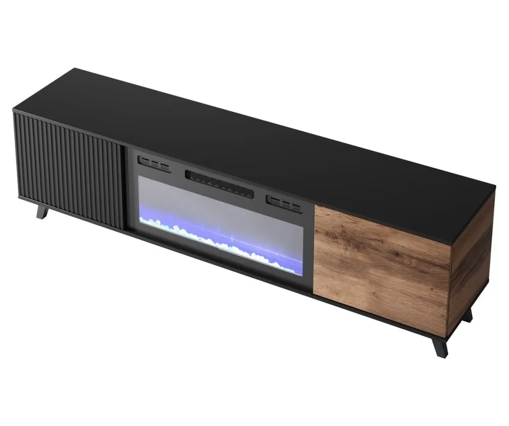 Szafka RTV RANDOM 180 dąb wotan/czarna z kominkiem elektrycznym I sklep meblowy MIRAT. styl RYFLOWANY kolekcja RANDOM
