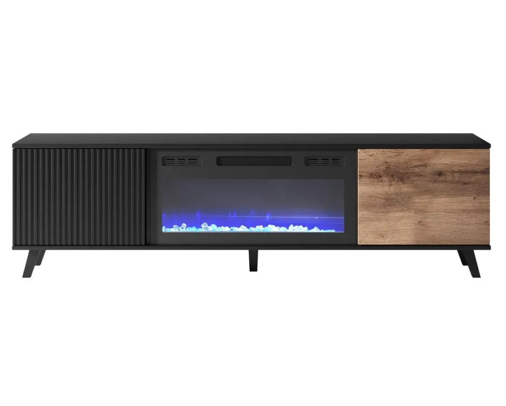 Szafka RTV RANDOM 180 dąb wotan/czarna z kominkiem elektrycznym I sklep meblowy MIRAT. styl RYFLOWANY kolekcja RANDOM