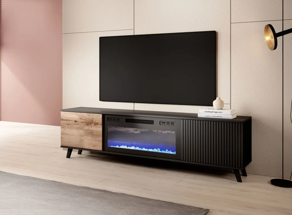 Szafka RTV RANDOM 180 dąb wotan/czarna z kominkiem elektrycznym I sklep meblowy MIRAT. styl RYFLOWANY kolekcja RANDOM