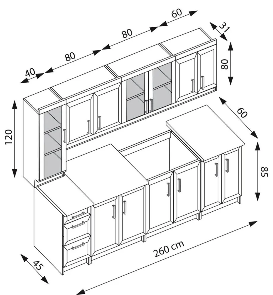 Zestaw mebli kuchennych MARGARET 3 260cm orzech z przeszkleniami I sklep meblowy MIRAT. styl KLASYCZNY