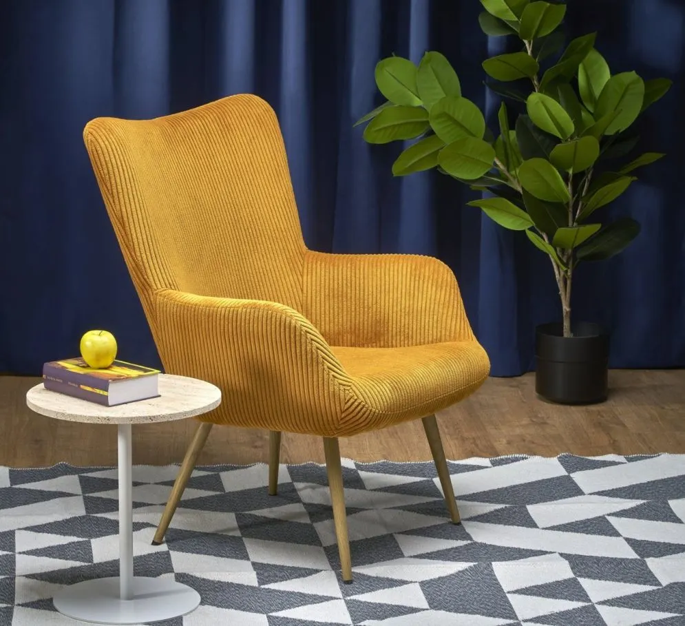 Fotel AMARO musztardowy na drewnianych nogach I sklep meblowy MIRAT.