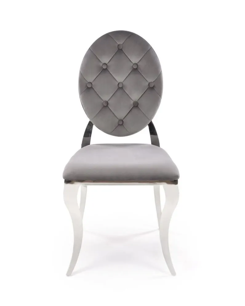 Krzesło tapicerowane K555 VELVET szare/srebrne z pikowanym oparciem I sklep meblowy MIRAT. styl GLAMOUR