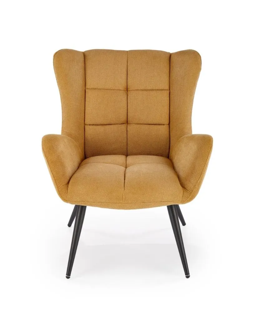 Fotel tapicerowany BYRON musztardowy na metalowych nogach I sklep meblowy MIRAT.