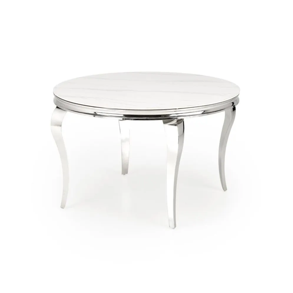 Stół okrągły REGINALD 120x120 biały marmur/srebrny gięte nogi I sklep meblowy MIRAT. styl GLAMOUR