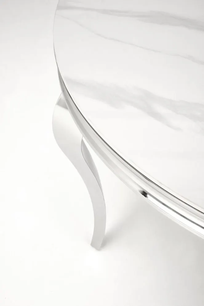Stół okrągły REGINALD 120x120 biały marmur/srebrny gięte nogi I sklep meblowy MIRAT. styl GLAMOUR