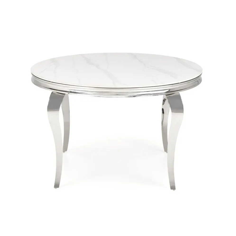 Stół okrągły REGINALD 120x120 biały marmur/srebrny gięte nogi I sklep meblowy MIRAT. styl GLAMOUR