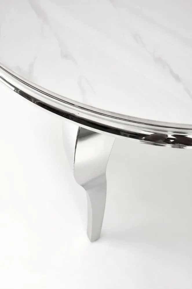 Stół okrągły REGINALD 120x120 biały marmur/srebrny gięte nogi I sklep meblowy MIRAT. styl GLAMOUR