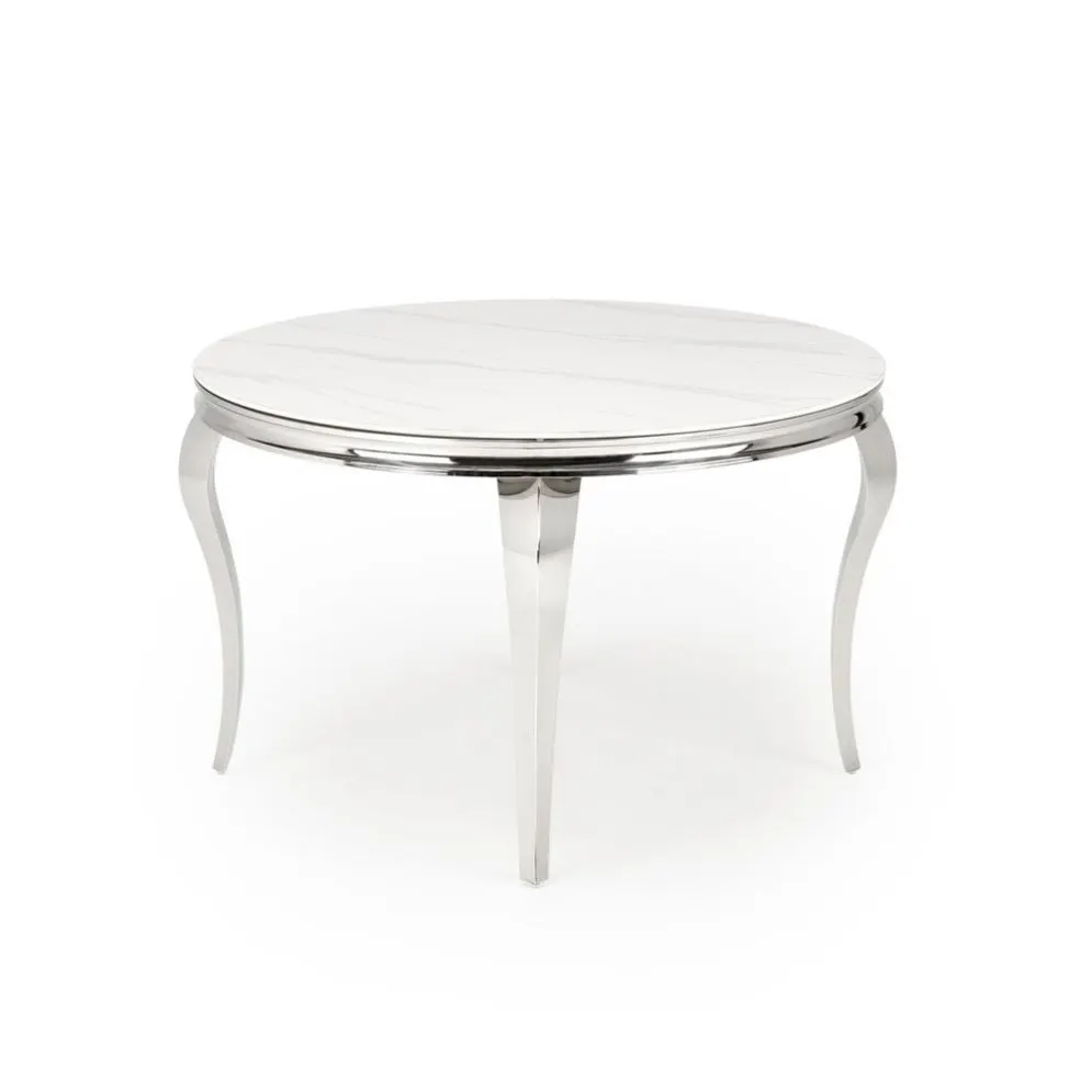 Stół okrągły REGINALD 120x120 biały marmur/srebrny gięte nogi I sklep meblowy MIRAT. styl GLAMOUR