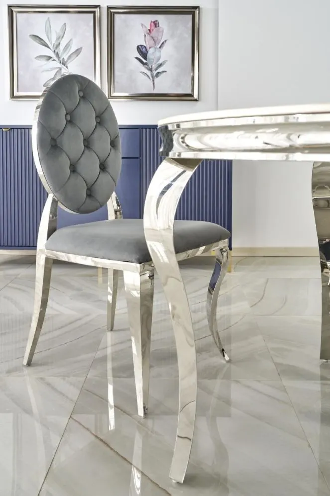 Stół okrągły REGINALD 120x120 biały marmur/srebrny gięte nogi I sklep meblowy MIRAT. styl GLAMOUR