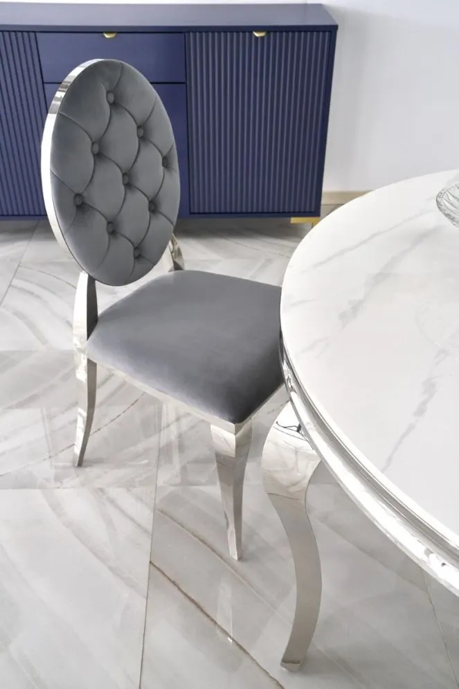 Stół okrągły REGINALD 120x120 biały marmur/srebrny gięte nogi I sklep meblowy MIRAT. styl GLAMOUR