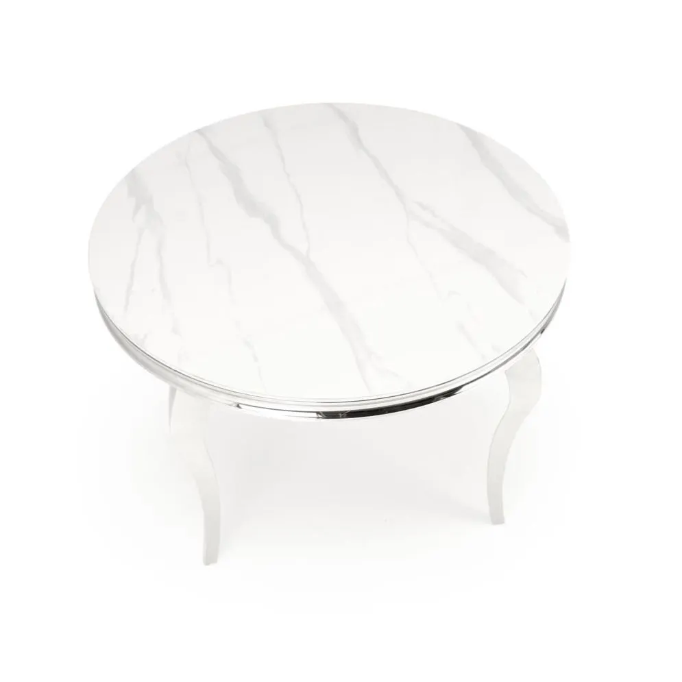 Stół okrągły REGINALD 120x120 biały marmur/srebrny gięte nogi I sklep meblowy MIRAT. styl GLAMOUR