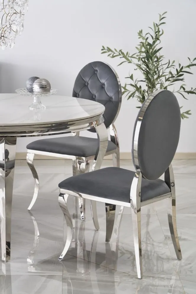 Stół okrągły REGINALD 120x120 biały marmur/srebrny gięte nogi I sklep meblowy MIRAT. styl GLAMOUR