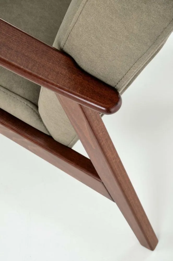 Fotel tapicerowany MILANO 1S oliwkowy/orzech do salonu I sklep meblowy MIRAT. styl SKANDYNAWSKI