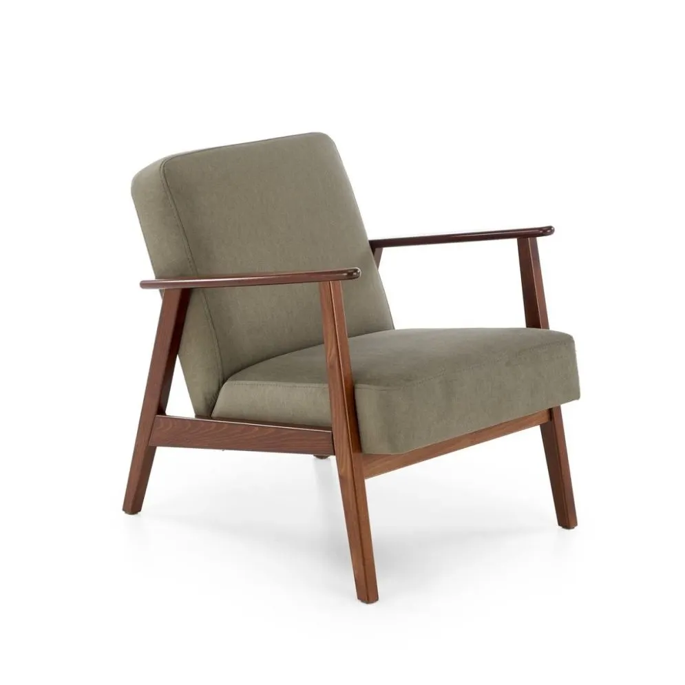 Fotel tapicerowany MILANO 1S oliwkowy/orzech do salonu I sklep meblowy MIRAT. styl SKANDYNAWSKI