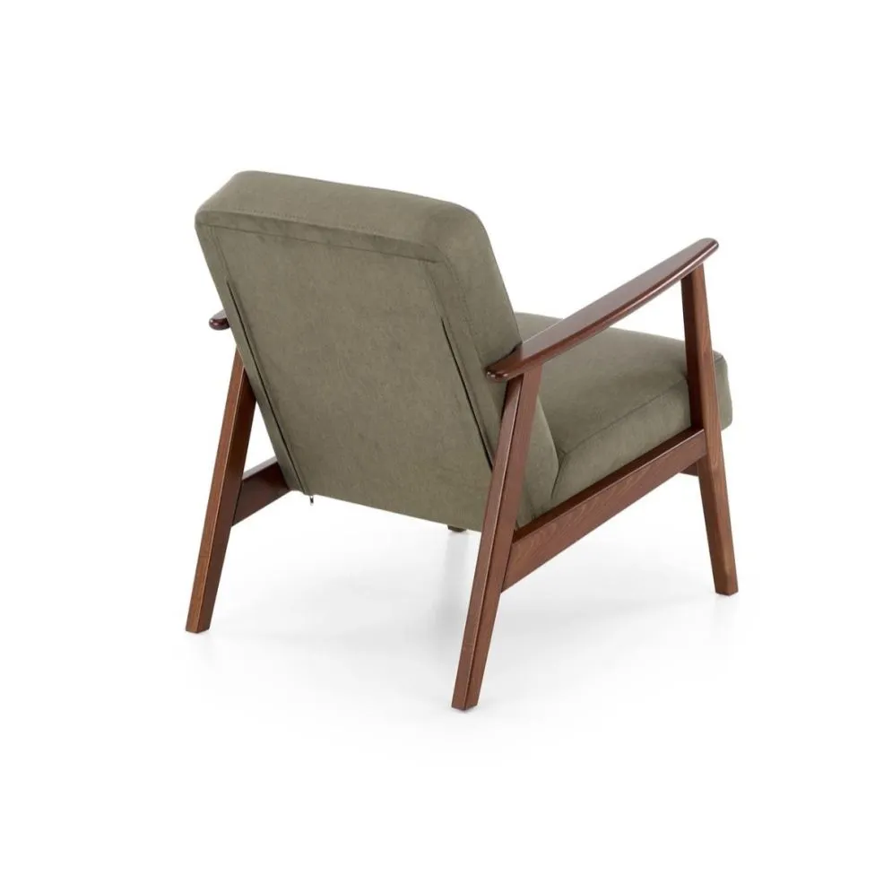 Fotel tapicerowany MILANO 1S oliwkowy/orzech do salonu I sklep meblowy MIRAT. styl SKANDYNAWSKI