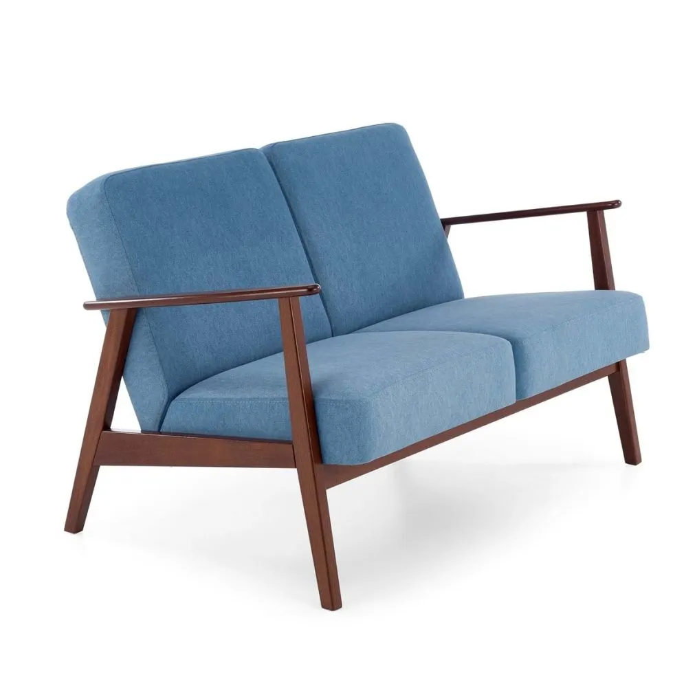 Sofa MILANO 2S niebieska/orzech dwuosobowa PRL I sklep meblowy MIRAT. styl SKANDYNAWSKI, VINTAGE