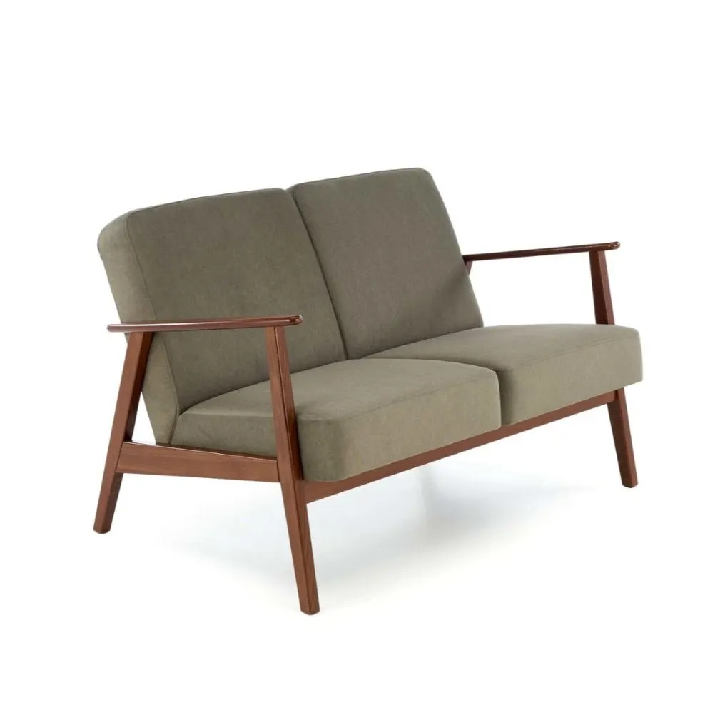 Sofa MILANO 2S oliwkowa/orzech dwuosobowa drewniany stelaż I sklep meblowy MIRAT. styl SKANDYNAWSKI, VINTAGE