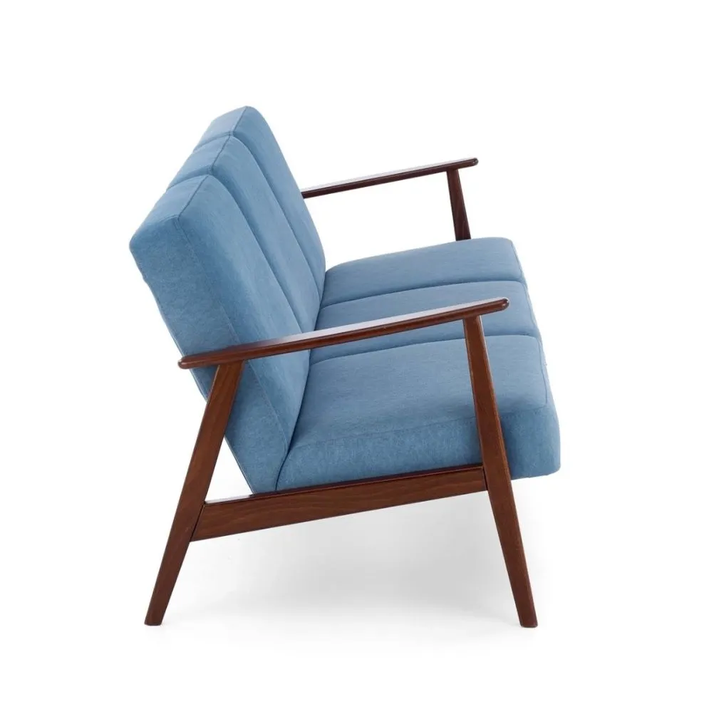 Sofa MILANO 3S niebieska/orzech trzyosobowa PRL I sklep meblowy MIRAT. styl SKANDYNAWSKI, VINTAGE
