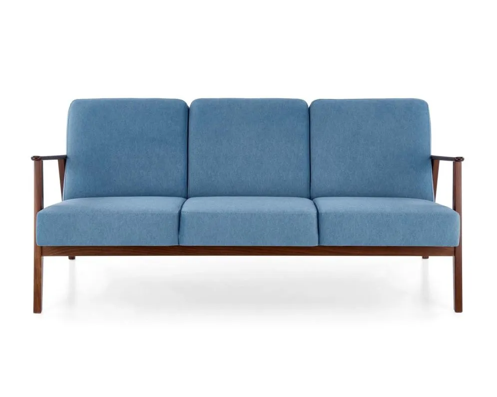 Sofa MILANO 3S niebieska/orzech trzyosobowa PRL I sklep meblowy MIRAT. styl SKANDYNAWSKI, VINTAGE