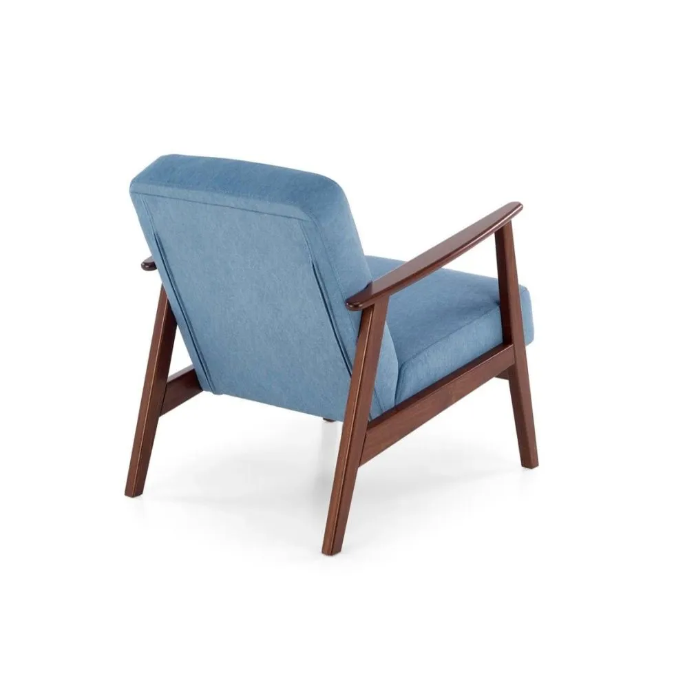 Fotel tapicerowany MILANO 1S niebieski/orzech I sklep meblowy MIRAT. styl SKANDYNAWSKI