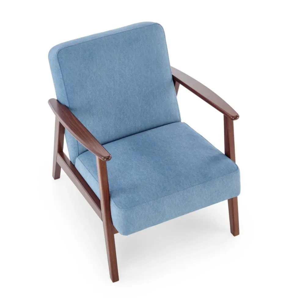 Fotel tapicerowany MILANO 1S niebieski/orzech I sklep meblowy MIRAT. styl SKANDYNAWSKI