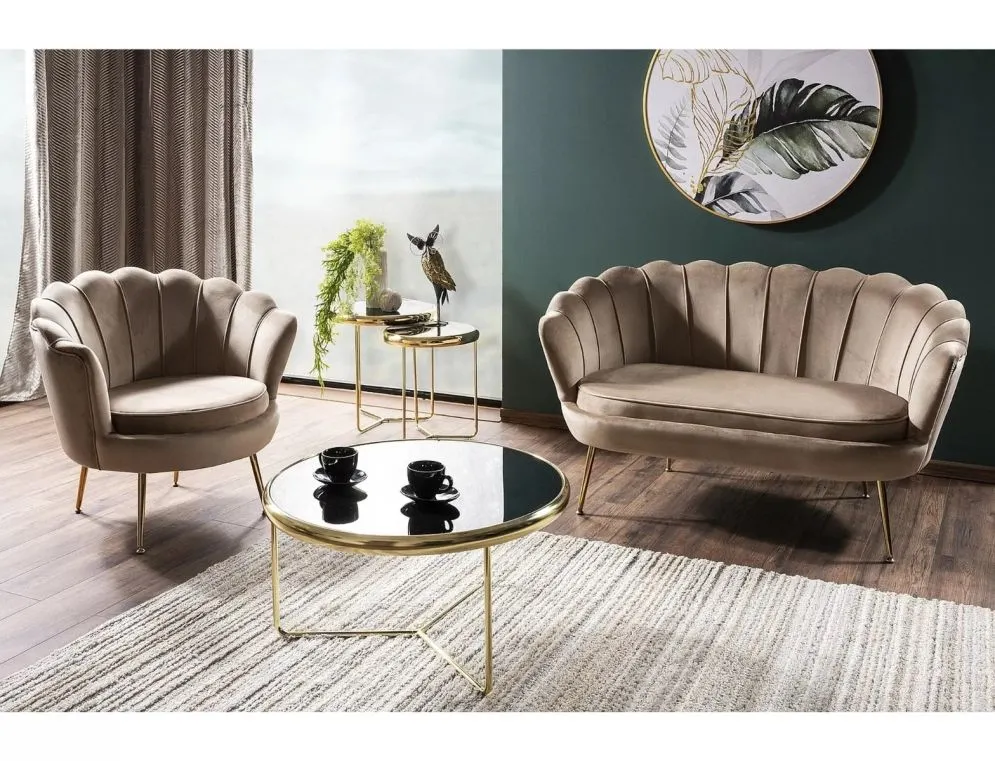 Fotel tapicerowany CAMELLIA 1 VELVET beżowy muszelka I sklep meblowy MIRAT. styl GLAMOUR