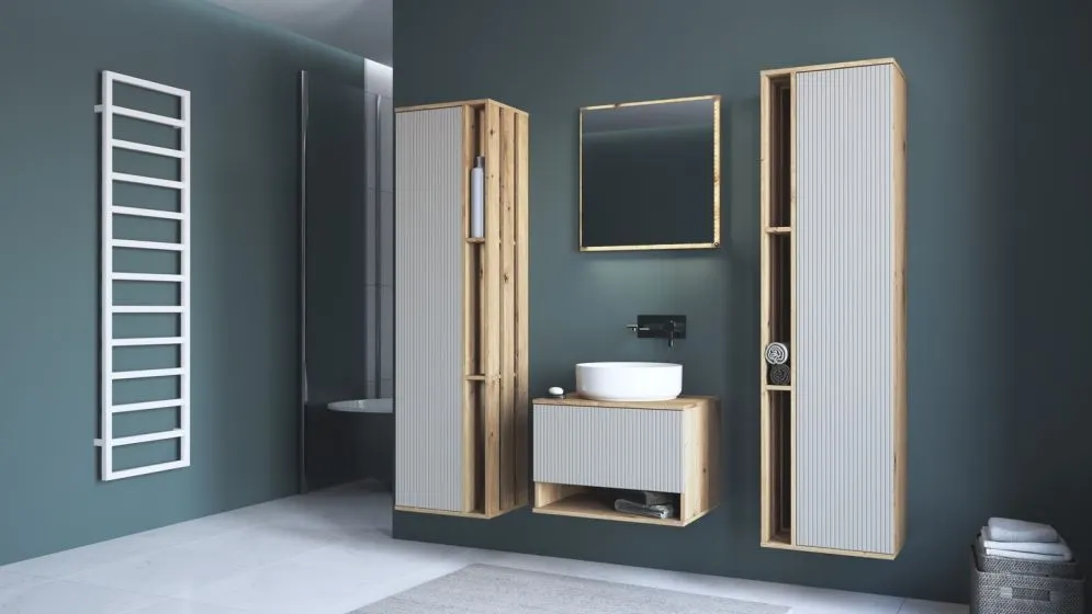 Szafka pod umywalkę nablatową AVIOLA 1S 60cm dąb artisan/kaszmirowy mat I sklep meblowy MIRAT. styl RYFLOWANY kolekcja AVIOLA