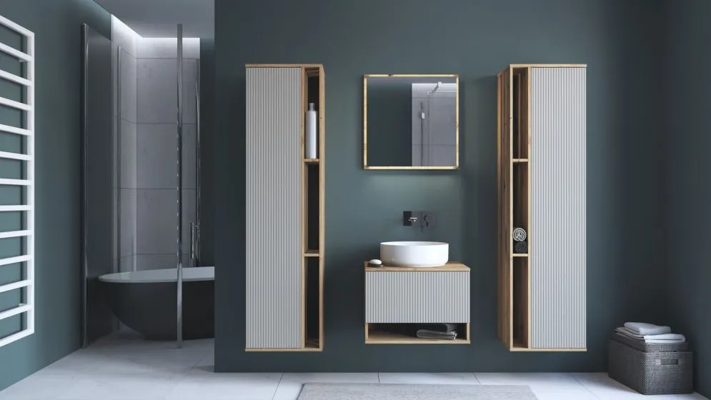 Szafka pod umywalkę nablatową AVIOLA 1S 60cm dąb artisan/kaszmirowy mat I sklep meblowy MIRAT. styl RYFLOWANY kolekcja AVIOLA