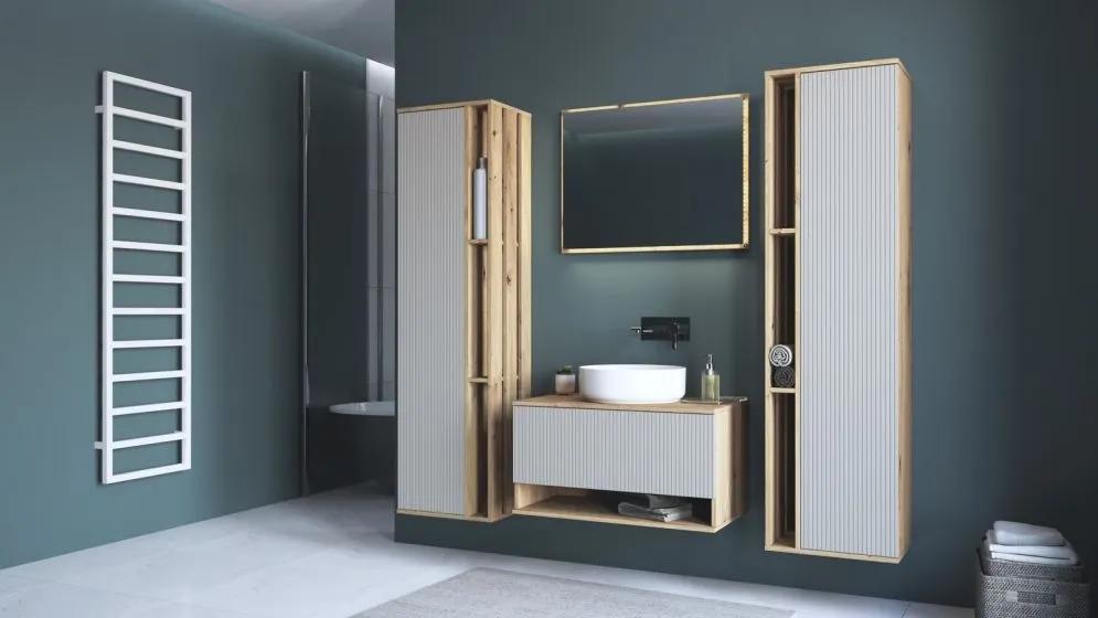 Wisząca szafka pod umywalkę AVIOLA 1S 80cm dąb artisan/kaszmirowy mat I sklep meblowy MIRAT. styl RYFLOWANY kolekcja AVIOLA