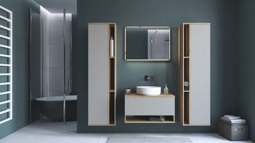 Wisząca szafka pod umywalkę AVIOLA 1S 80cm dąb artisan/kaszmirowy mat I sklep meblowy MIRAT. styl RYFLOWANY kolekcja AVIOLA