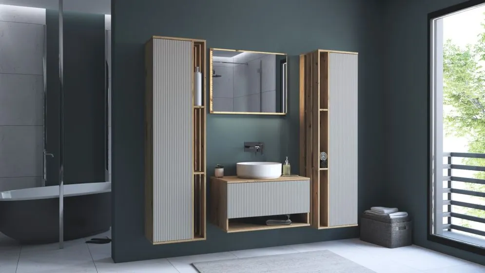 Wisząca szafka pod umywalkę AVIOLA 1S 80cm dąb artisan/kaszmirowy mat I sklep meblowy MIRAT. styl RYFLOWANY kolekcja AVIOLA