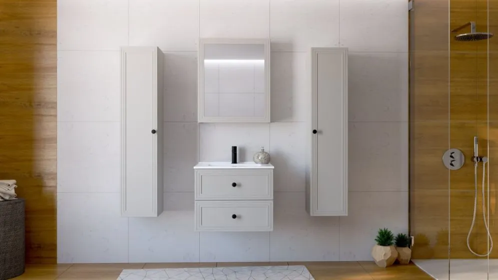 Szafka łazienkowa TORETO 1D 60cm kaszmirowy mat z lustrem I sklep meblowy MIRAT. styl SKANDYNAWSKI kolekcja TORETO