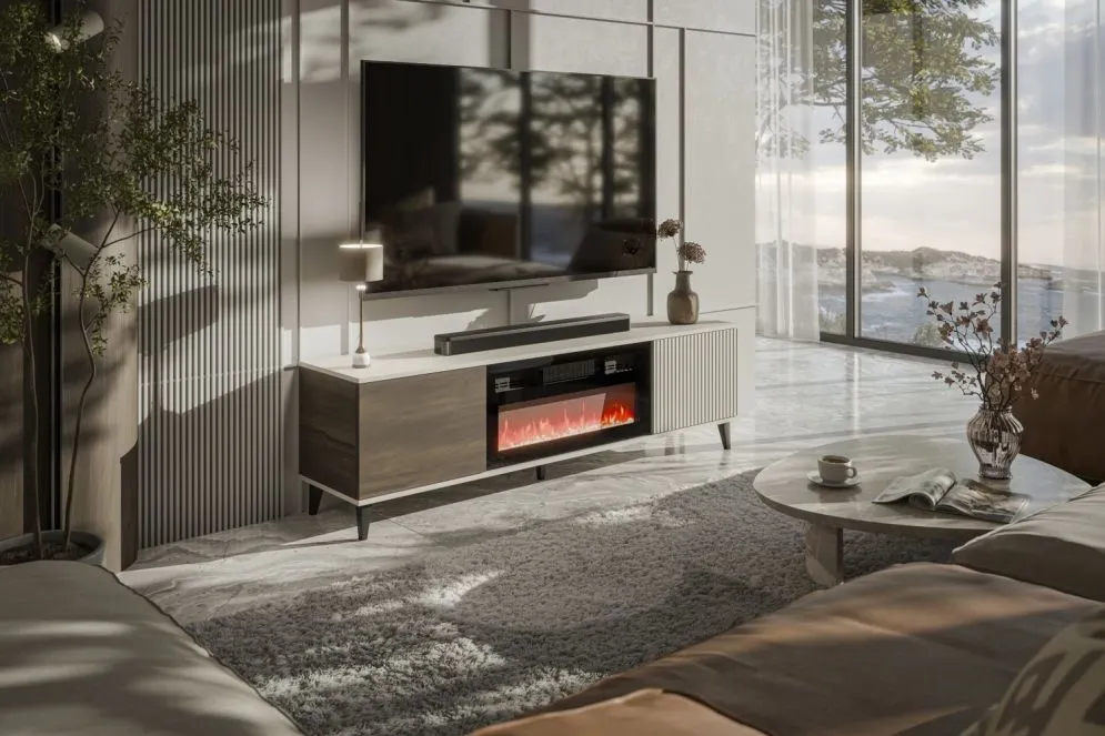 Szafka RTV RANDOM 2 180cm orzech/kaszmirowa z kominkiem elektrycznym I sklep meblowy MIRAT. styl RYFLOWANY kolekcja RANDOM