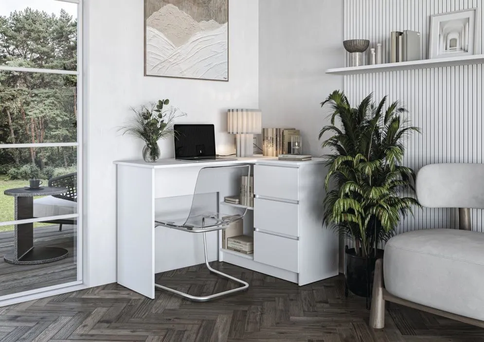 Biurko narożne BEGA białe komputerowe I sklep meblowy MIRAT. styl SKANDYNAWSKI