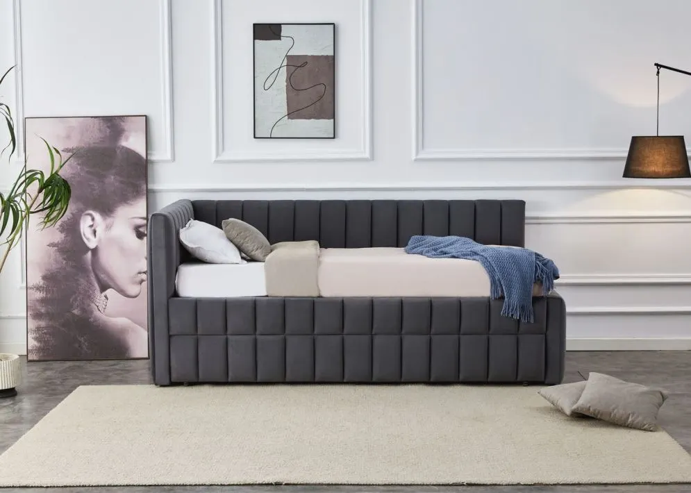 Łóżko młodzieżowe DERBY 90x200 grafitowe wysuwane z tapicerowanym panelem L I sklep meblowy MIRAT.